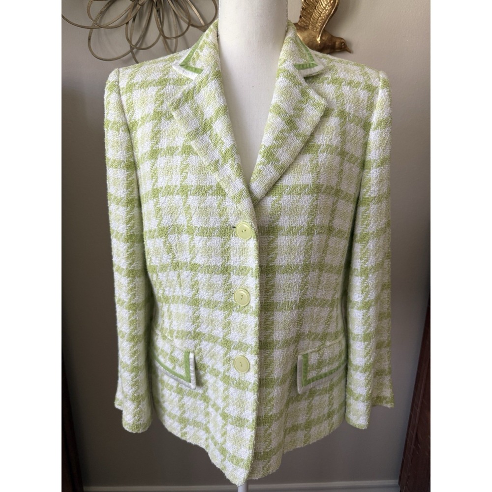 Basler Lime Green Houndstooth Tweed Blazer Jacket Women US 12 Germany 38